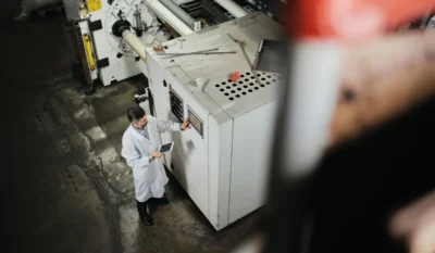 Factory Engineer In White Robe At Polymer Plastic Manufacturing